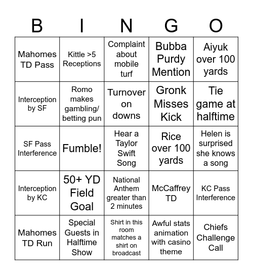 Super Bowl 2024 Bingo Card