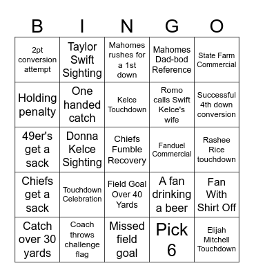 Super Bowl Bingo Card