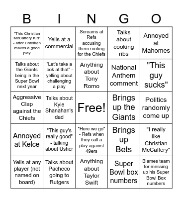 Super Bowl Bingo Card