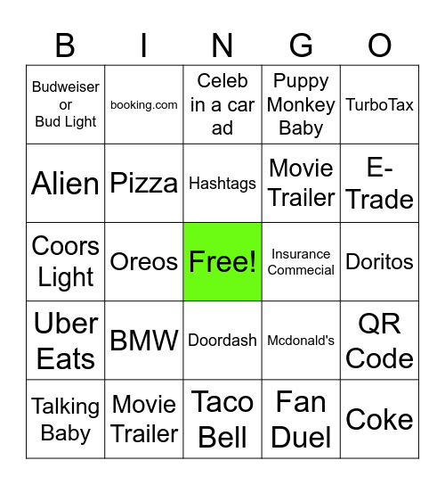 Here for the commercials Bingo Card