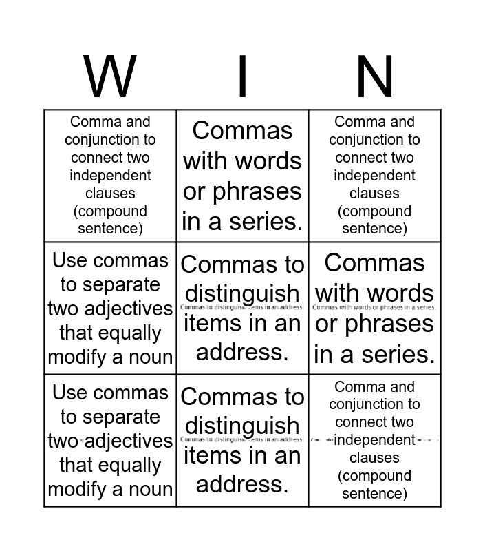 Comma Bingo Card