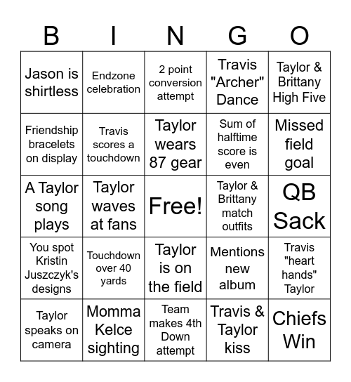 Super Bowl Bingo (Tayor's Version) Bingo Card