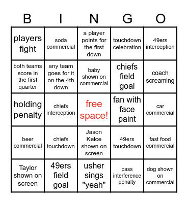 SUPER BOWL BINGO Card