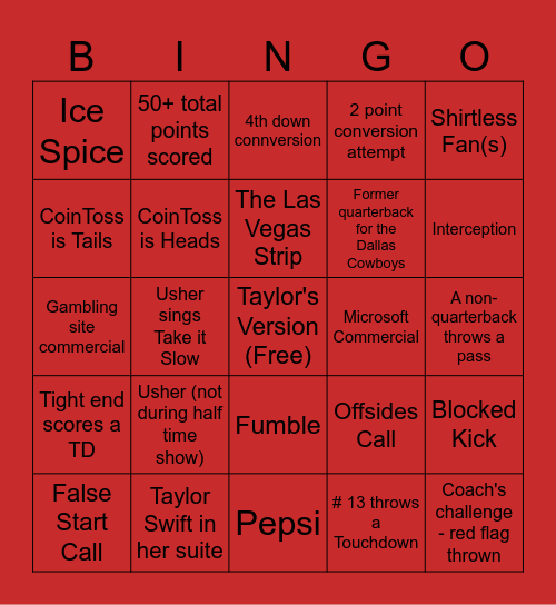 Superbowl LVIII Bingo Card