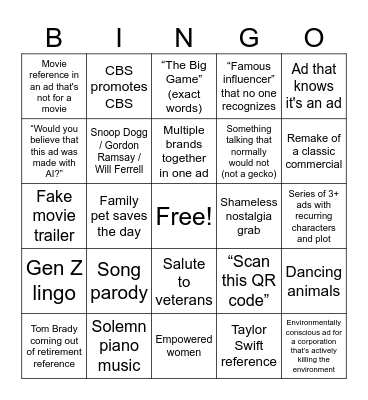 Super Bowl Ad Bingo Card