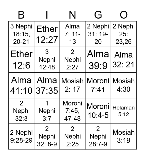 Book of Mormon Scripture Mastery Bingo Card