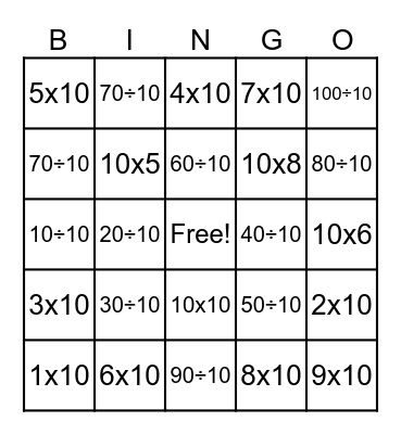Multiplication and Division Bingo Card