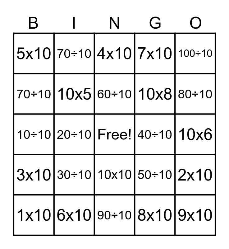 Multiplication and Division Bingo Card