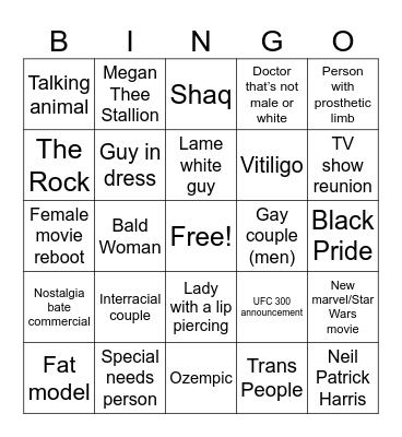 Super Bowl Commercial Bingo Card