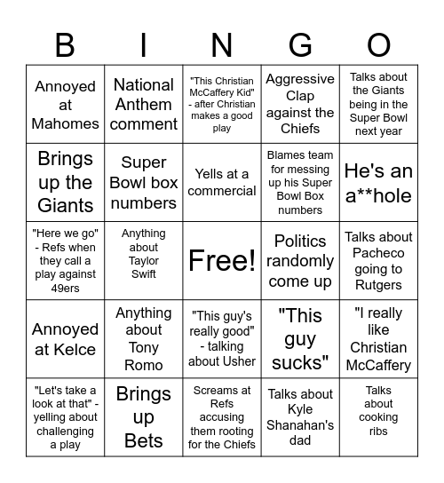 Super Bowl Bingo Card