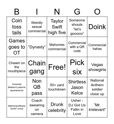 Super Bowl 58 Bingo Card