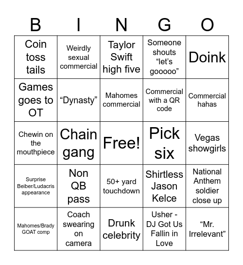 Super Bowl 58 Bingo Card