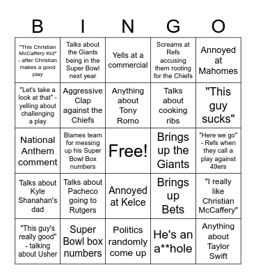 Super Bowl Bingo Card