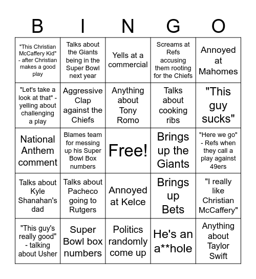 Super Bowl Bingo Card