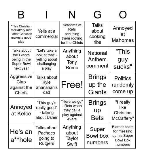 Super Bowl Bingo Card