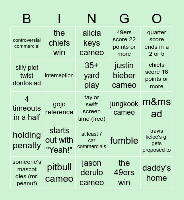 superbowl '24 bingo bc why not Bingo Card