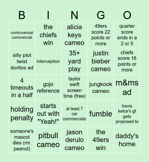 superbowl '24 bingo bc why not Bingo Card