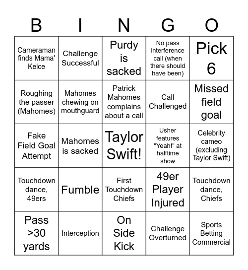 Super Bowl LVIII Bingo Card