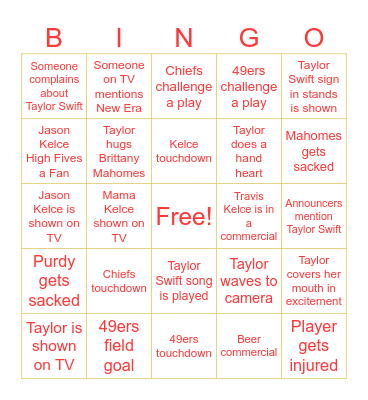 Taylor Swift Super Bowl Bingo Card