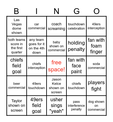 SUPER BOWL BINGO Card