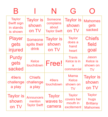 Taylor Swift Super Bowl Bingo Card