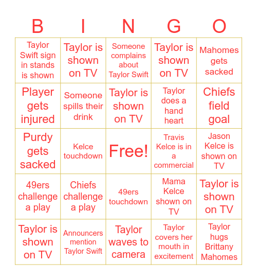 Taylor Swift Super Bowl Bingo Card