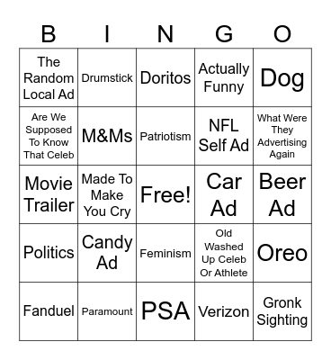 Super Bowl Commercials 2024 Bingo Card