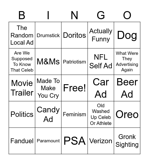 Super Bowl Commercials 2024 Bingo Card