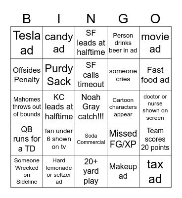 Super Bowl Bingo Card