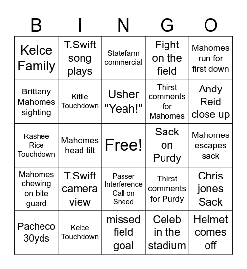 Chiefs vs 49ers Bingo Card