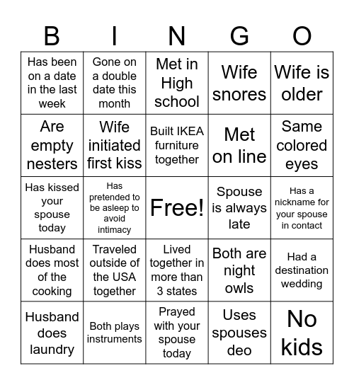 Marriage Retreat Bingo Card