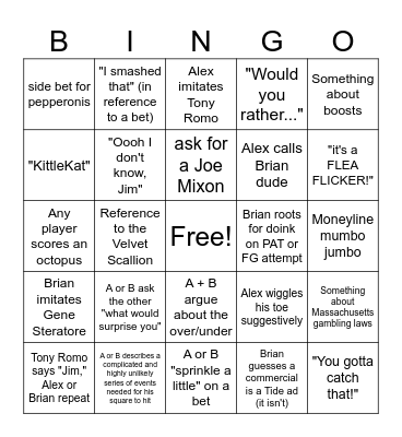 Campbell Cousin Superbowl Bingo Card