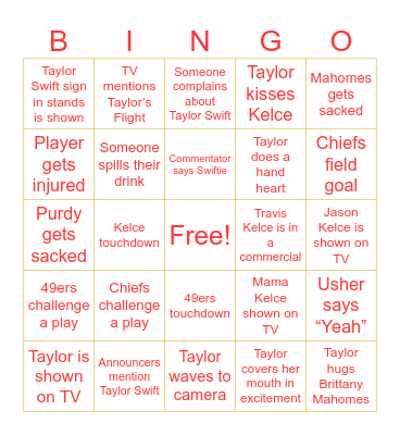Taylor Swift Super Bowl Bingo Card