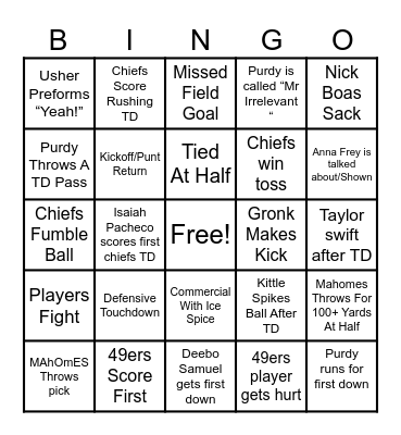 Super bowl Bingo Card