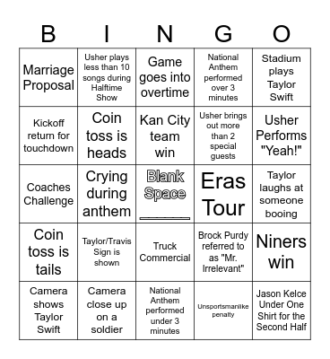 Super Bowl LVIII Bingo Card