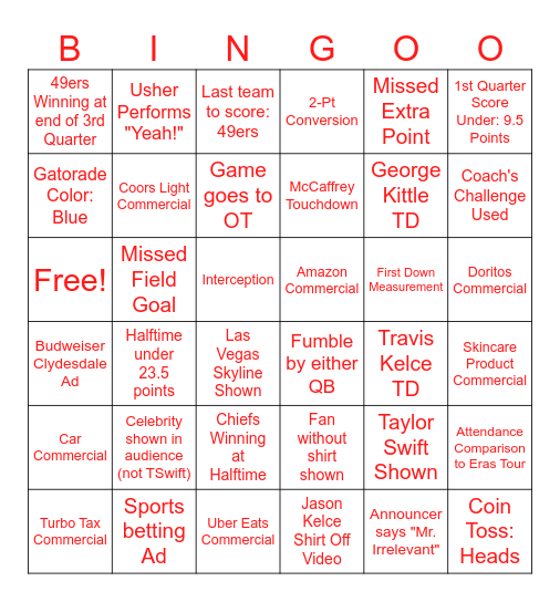Superb Owl Bingo 2024 Bingo Card