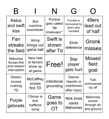 Super Bowl Bingo Card