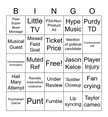 Super Bowl Bingo Card