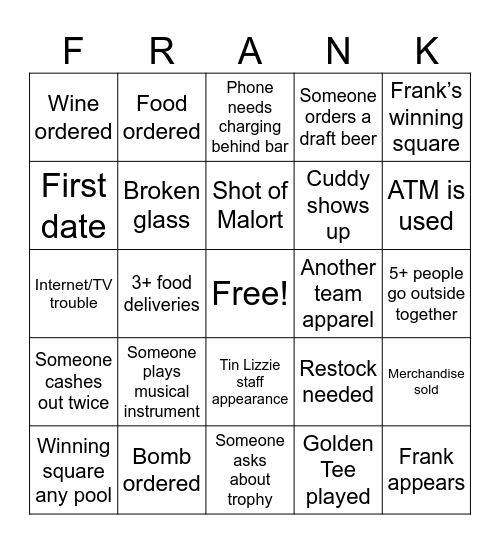 Frank’s Super Bingo Bowl Bingo Card