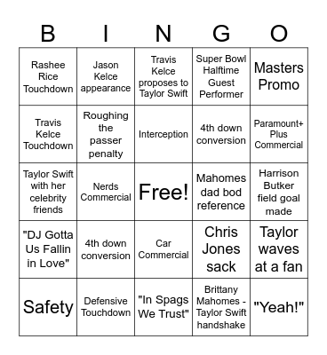 Super Bowl Bingo Card