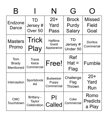 Super Bowl 2024 Bingo Card