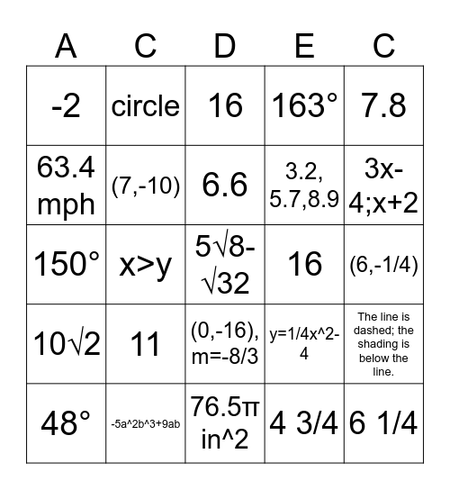 Octathlon Math BINGO Practice Bingo Card