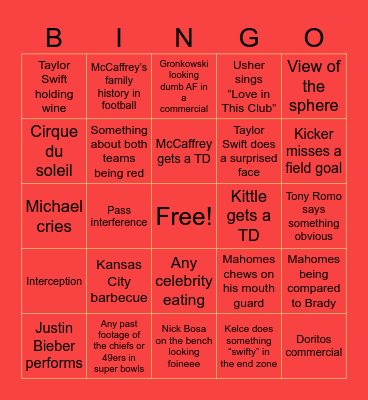 Super Bowl Bingo Card