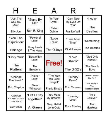 LOVE SONG BINGO Card