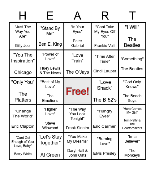 LOVE SONG BINGO Card