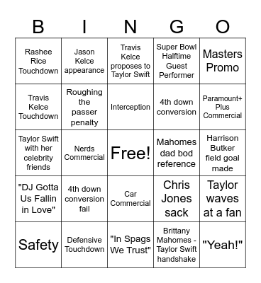 Super Bowl Bingo Card