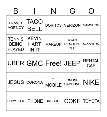 SUPERBOWL COMMERICALS Bingo Card