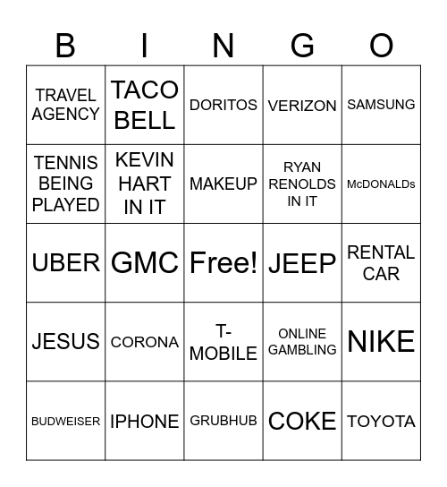 SUPERBOWL COMMERICALS Bingo Card