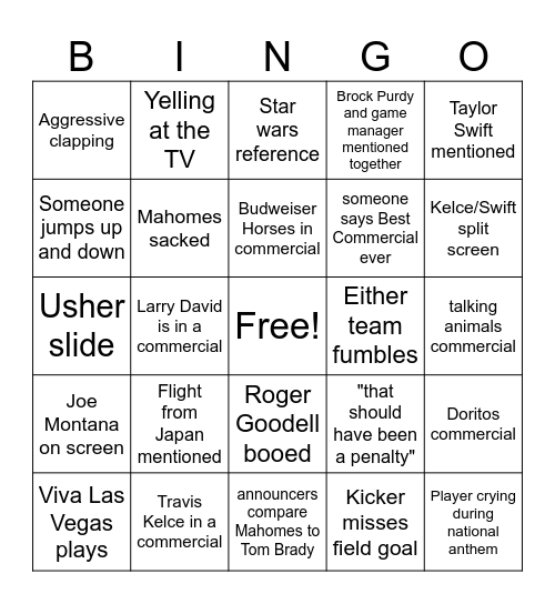 Super Bowl Bingo Card