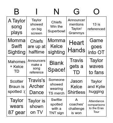 Superbowl LVIII (Taylor's Version) Bingo Card